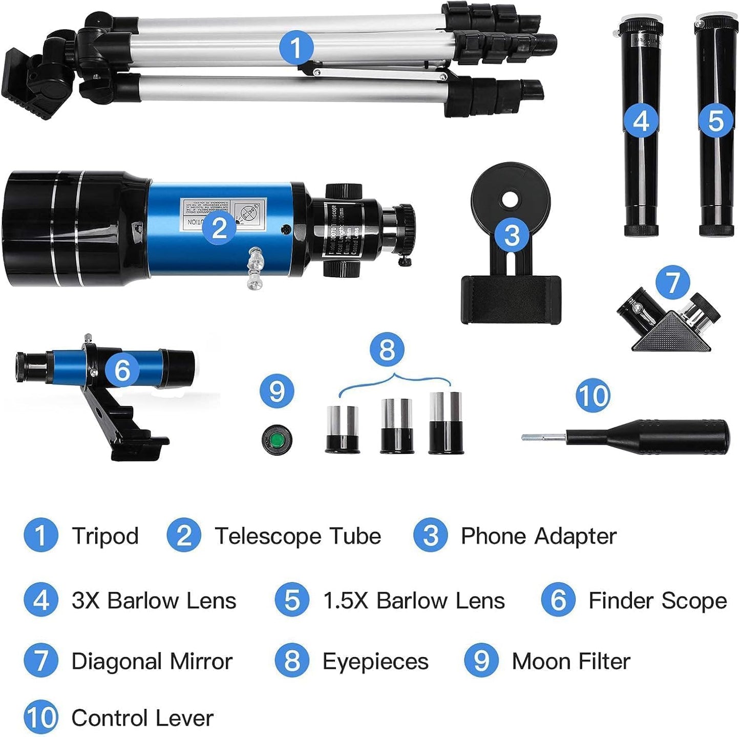 Telescope for Kids Adults, 70mm Aperture 300mm Telescopes for Astronomy Beginners, 15X-150X Magnification Refractor Telescope, Phone Adapter, Blue