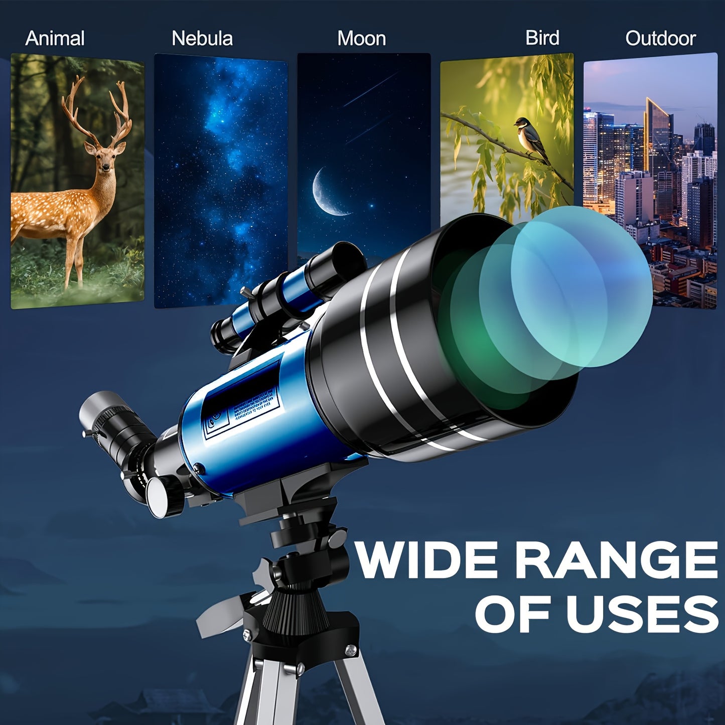 150X High Magnification 70mm Aperture Astronomical Telescope with Tripod Mount (15X-150X) Portable Travel Telescope with Phone Adapter Blue