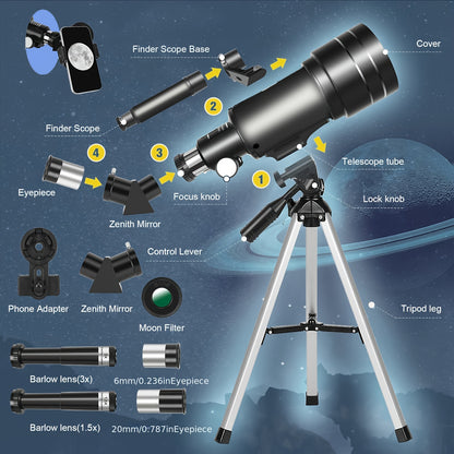 150X High Magnification 70mm Aperture Astronomical Telescope with Tripod Mount (15X-150X) Portable Travel Telescope with Phone Adapter Blue