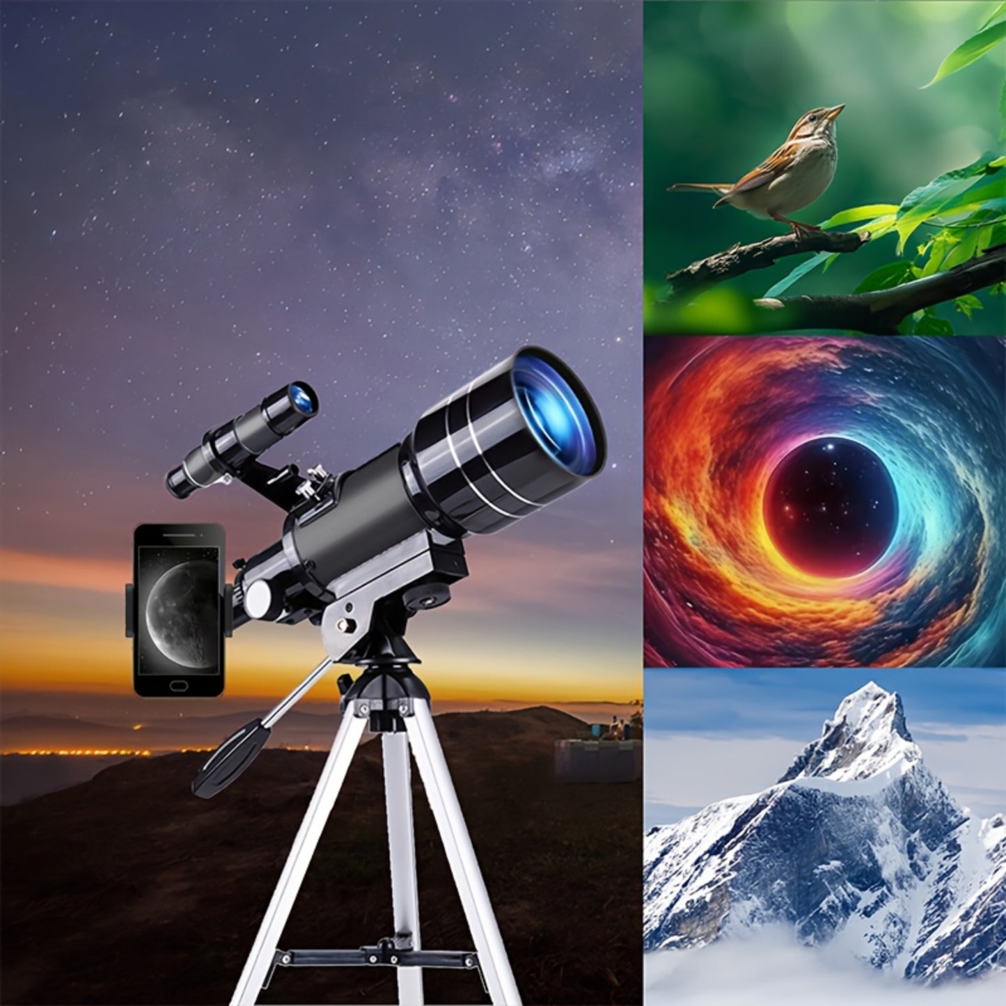 150X High Magnification 70mm Aperture Astronomical Telescope with Tripod Mount (15X-150X) Portable Travel Telescope with Phone Adapter Black