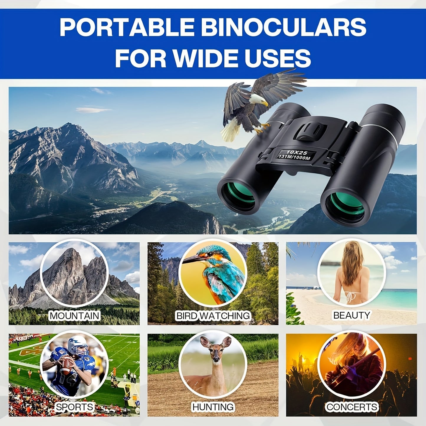 UBSSO Binoculars with 10X25 Magnification High Powered Mini Pocket Binoculars Lightweight Binoculars
