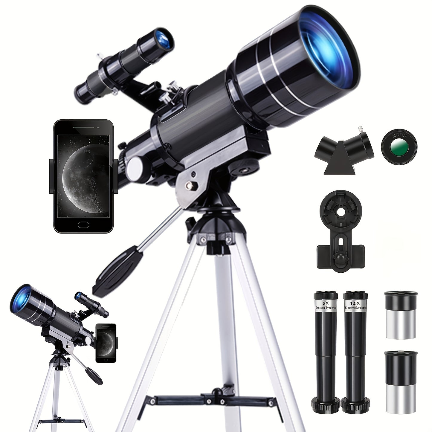150X High Magnification 70mm Aperture Astronomical Telescope with Tripod Mount (15X-150X) Portable Travel Telescope with Phone Adapter Black