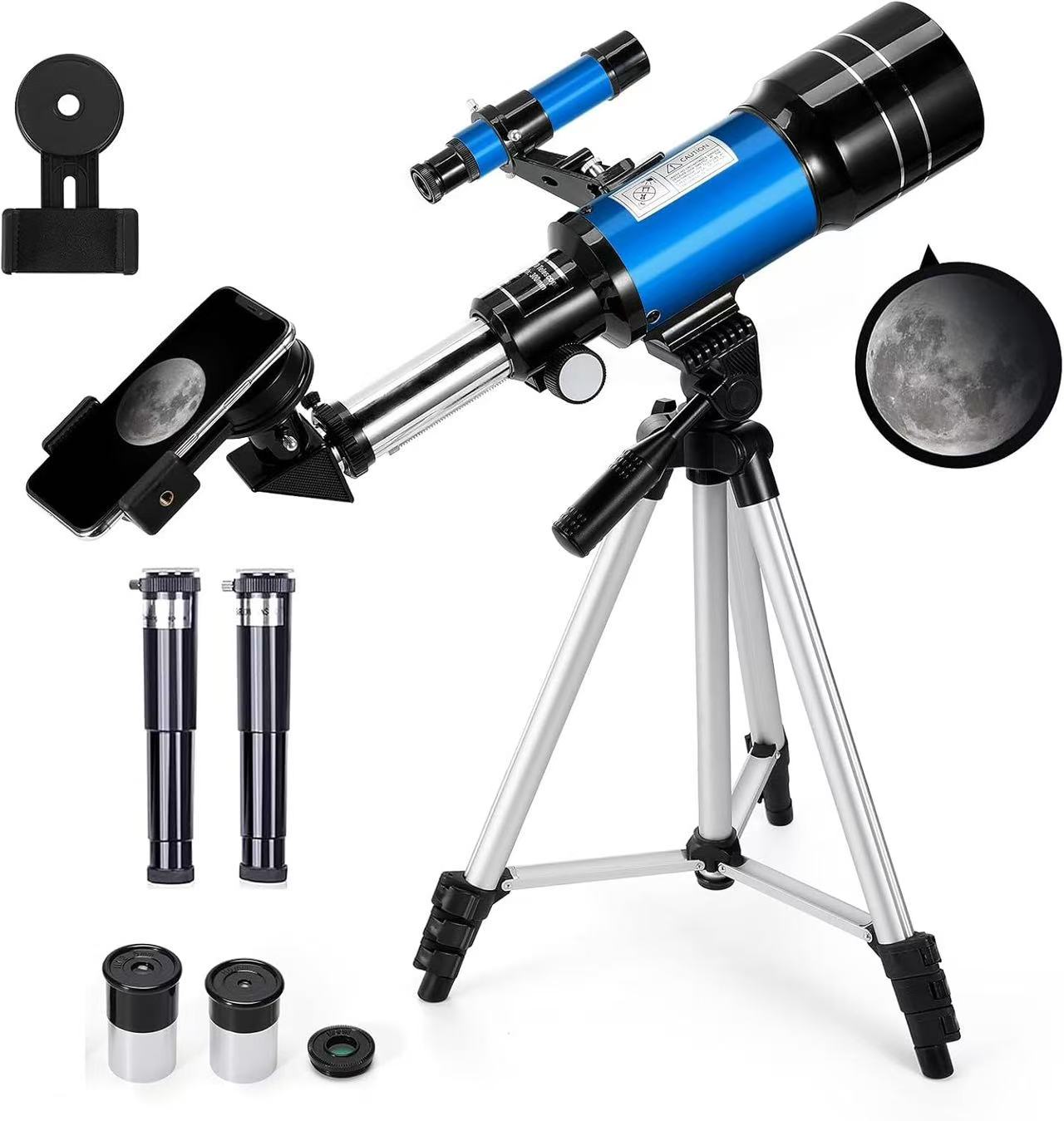 Telescope for Kids Adults, 70mm Aperture 300mm Telescopes for Astronomy Beginners, 15X-150X Magnification Refractor Telescope, Phone Adapter, Blue