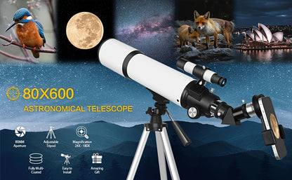 UBSSO Astronomical Telescope for Adults - 80mm Aperture 600mm Focal Length Refractor with Fully Multi-Coated Optics, 180x Max Magnification