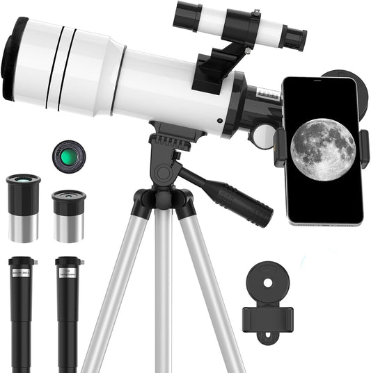 UBSSO Telescope for Adults Kids, 70mm Aperture Astronomical Refractor Telescopes for Astronomy Beginners (15X-150X), 300mm Portable Telescope,White