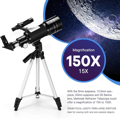 Telescope for Kids Adults, 70mm Aperture 300mm Telescopes for Astronomy Beginners, 15X-150X Magnification Refractor Telescope, Phone Adapter, Black