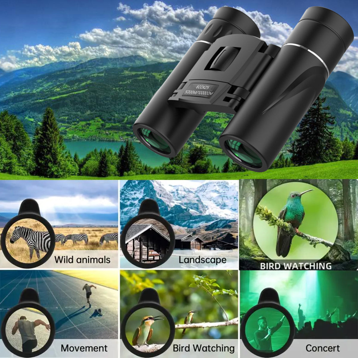 800X25 Binocular for Adults with BAK4 Prism Lens High Powered Mini Pocket Binoculars Telescope for Bird Watching, Hunting, Concert, Theater, Opera, Traveling, Sightseeing