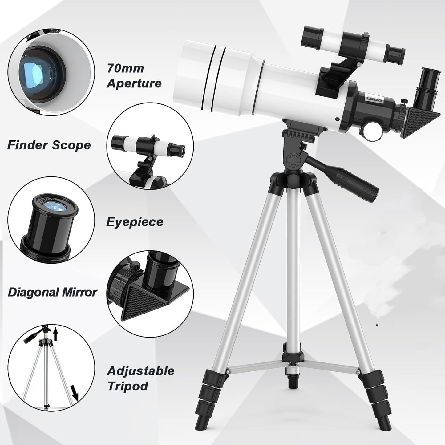 UBSSO Telescope for Adults Kids, 70mm Aperture Astronomical Refractor Telescopes for Astronomy Beginners (15X-150X), 300mm Portable Telescope,White
