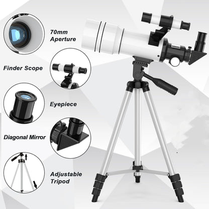 UBSSO Telescope for Adults Kids, 70mm Aperture Astronomical Refractor Telescopes for Astronomy Beginners (15X-150X), 300mm Portable Telescope,White