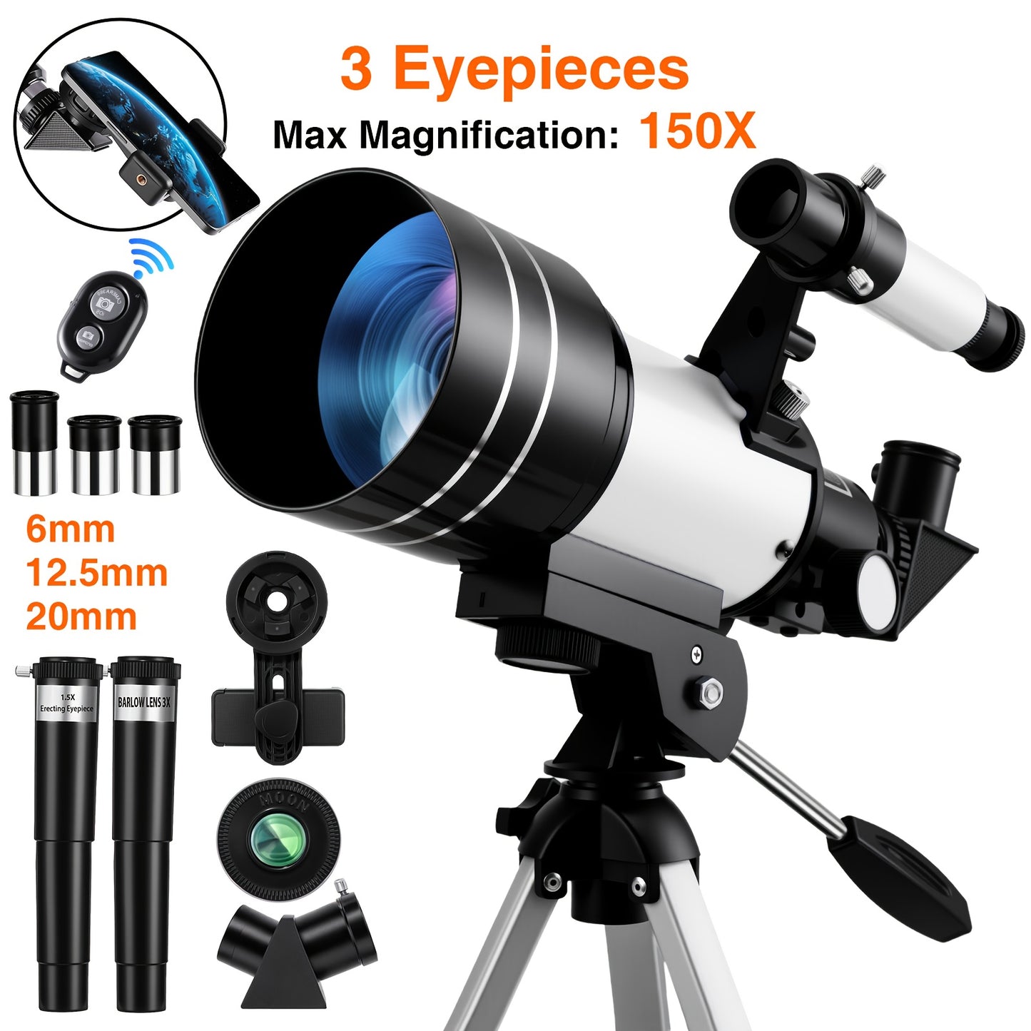 UBSSO Astronomical Astronomical Telescope 150X High-Powered,Portable with 70mm Aperture, For Education, Exploration, Toys Gifts, Christmas Gift