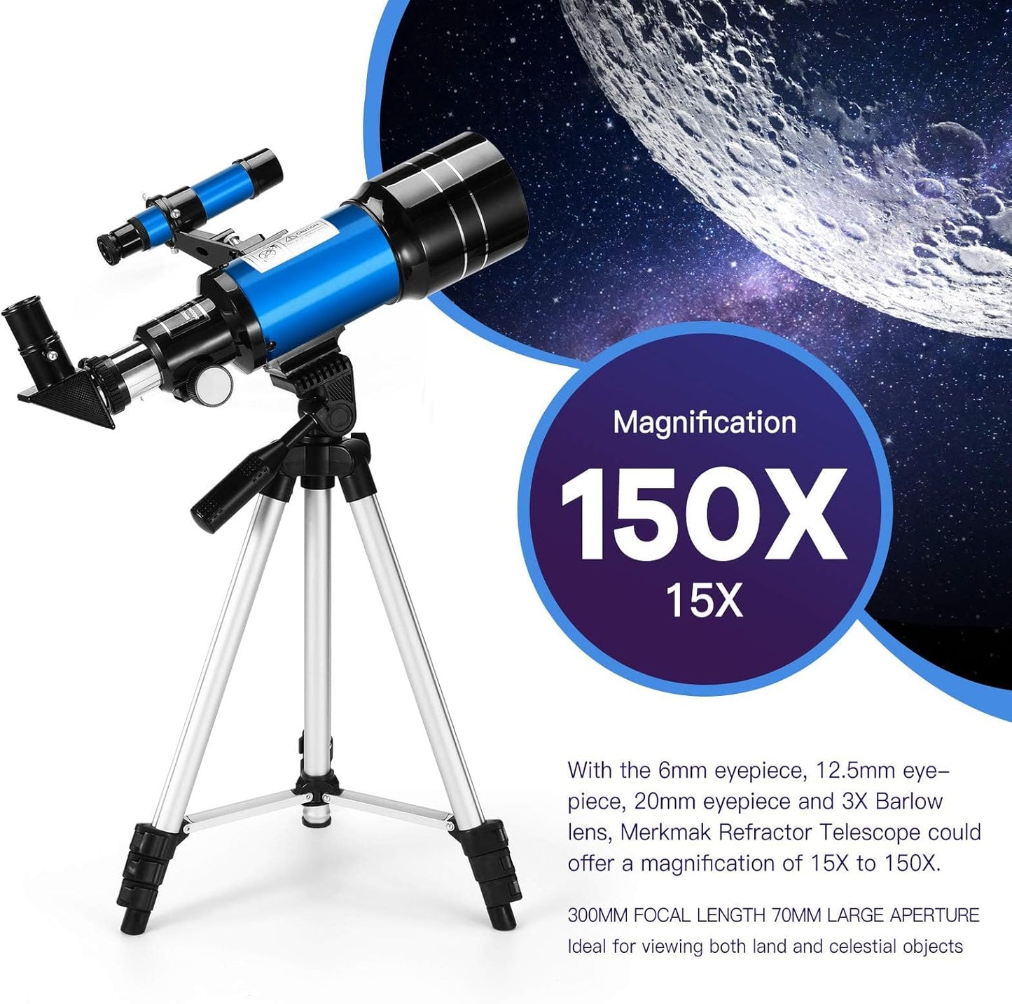 Telescope for Kids Adults, 70mm Aperture 300mm Telescopes for Astronomy Beginners, 15X-150X Magnification Refractor Telescope, Phone Adapter, Blue