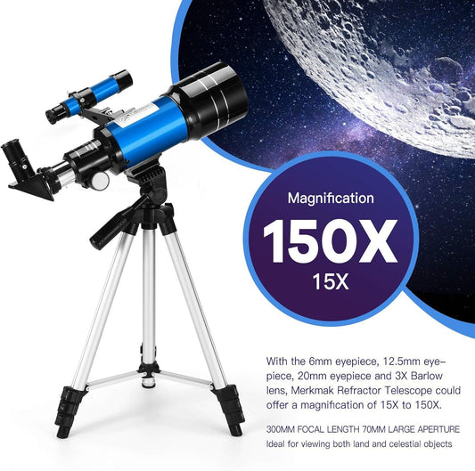 Telescope for Kids Adults, 70mm Aperture 300mm Telescopes for Astronomy Beginners, 15X-150X Magnification Refractor Telescope, Phone Adapter, Blue