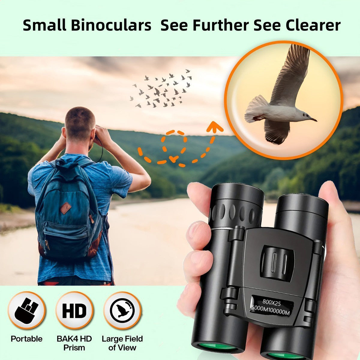 800X25 Binocular for Adults with BAK4 Prism Lens High Powered Mini Pocket Binoculars Telescope for Bird Watching, Hunting, Concert, Theater, Opera, Traveling, Sightseeing