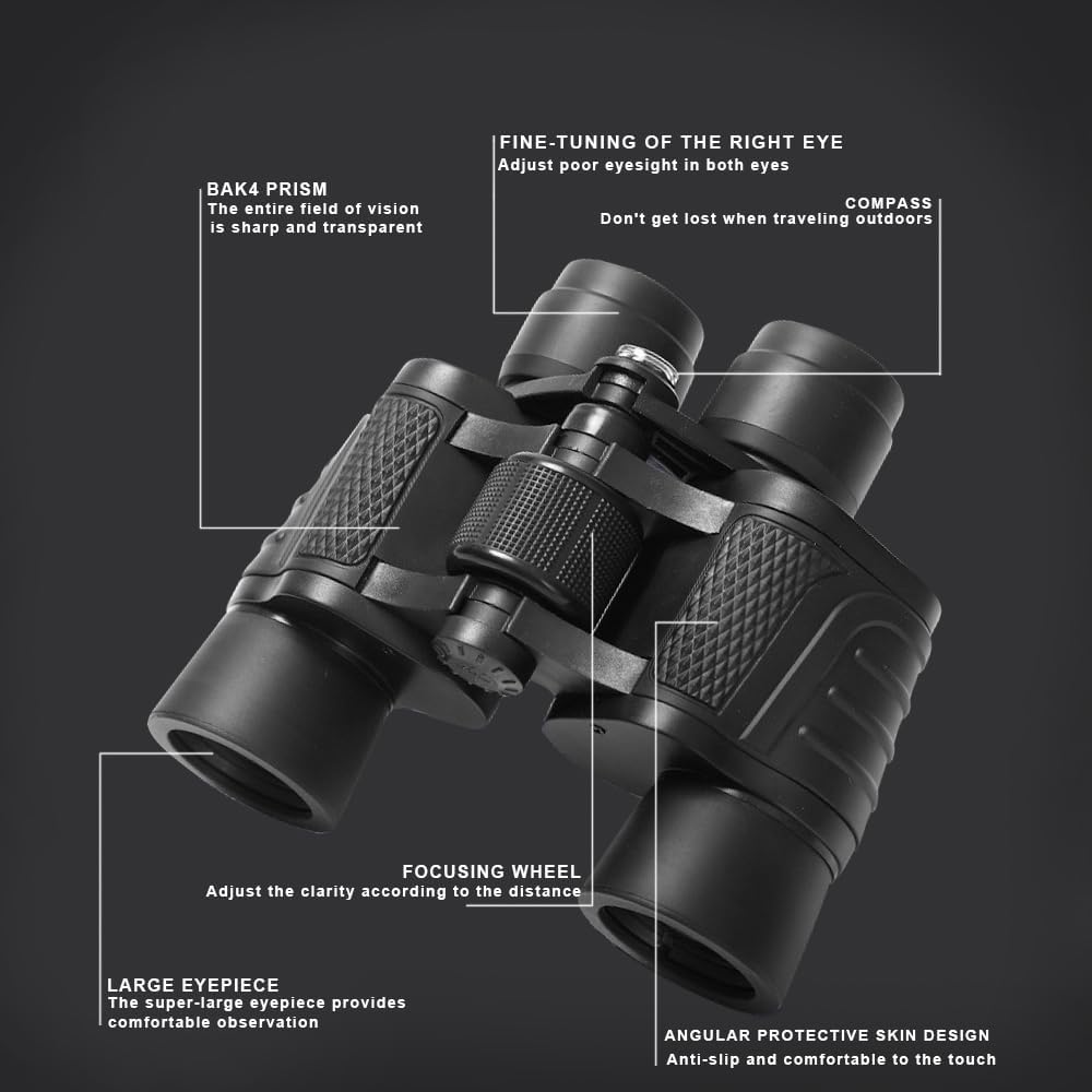 UBSSO 80x80 HD Binoculars for Adults, Waterproof  Fogproof with BAK-4 Prism Fully Multi-Coated Lens, for Bird Watching, Hunting, Travel，Black