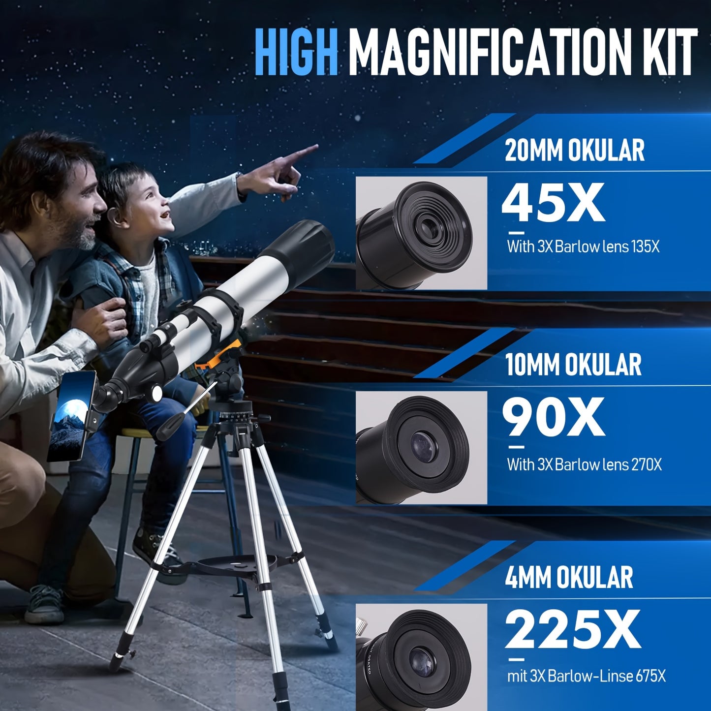 UBSSO Refractor Telescope Kit for Adults Beginners - 90mm Aperture, Manual Focus, Up to 675x Magnification Ideal for Stargazing, Moon Watching