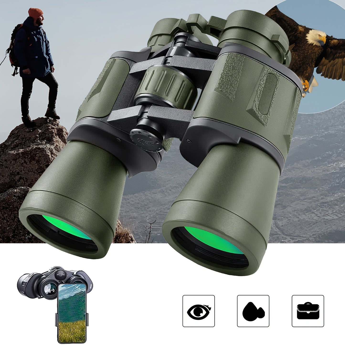 UBSSO 10X50 Binoculars for Adults High Powered With Phone Adapter Ideal For Bird Watching, Travel ,Hunting, Black