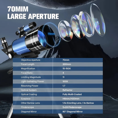 UBSSO Refractor Star Telescope for Adults: 70mm Aperture 300mm Focal Length 15X-150X，Ideal for Stargazing, Planetary Observation, Moon Exploration