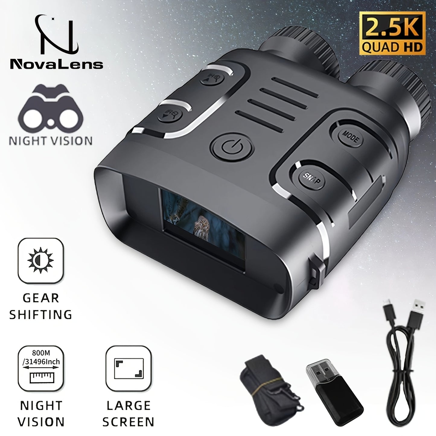 UBSSO Lens 2.5K Binoculars Goggles HD 10X Zoom, Day Use 800m Range, Photo Video Recording for Hunting,Fishing,Camping with 2.4" Screen,Gold