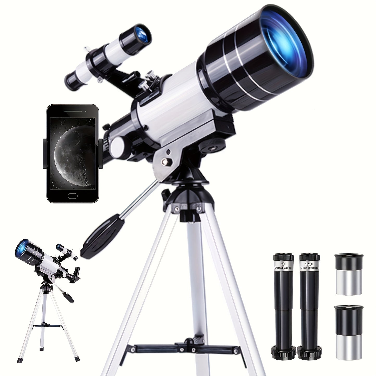 Astronomical Telescope, Objective Lens Focal Length 300, Aperture 70, Maximum Magnification 150 Times, Equipped with a Finder Scope,a Tripod,White