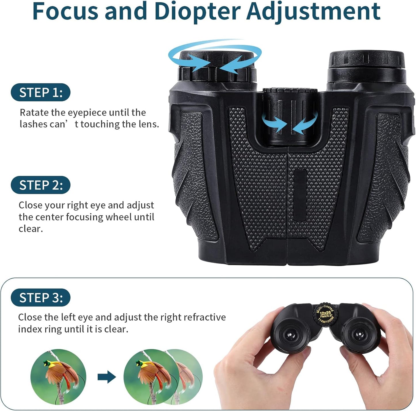 UBSSO 12x25 Binoculars High-Definition High-Power Low-Light Adult Outdoor Non-Infrared for Bird Watching Concerts, Hunting and Sport Games