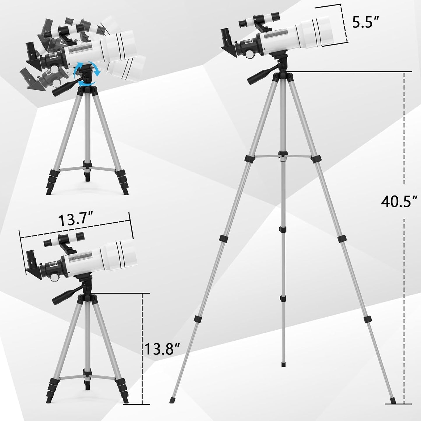 UBSSO Telescope for Adults Kids, 70mm Aperture Astronomical Refractor Telescopes for Astronomy Beginners (15X-150X), 300mm Portable Telescope,White