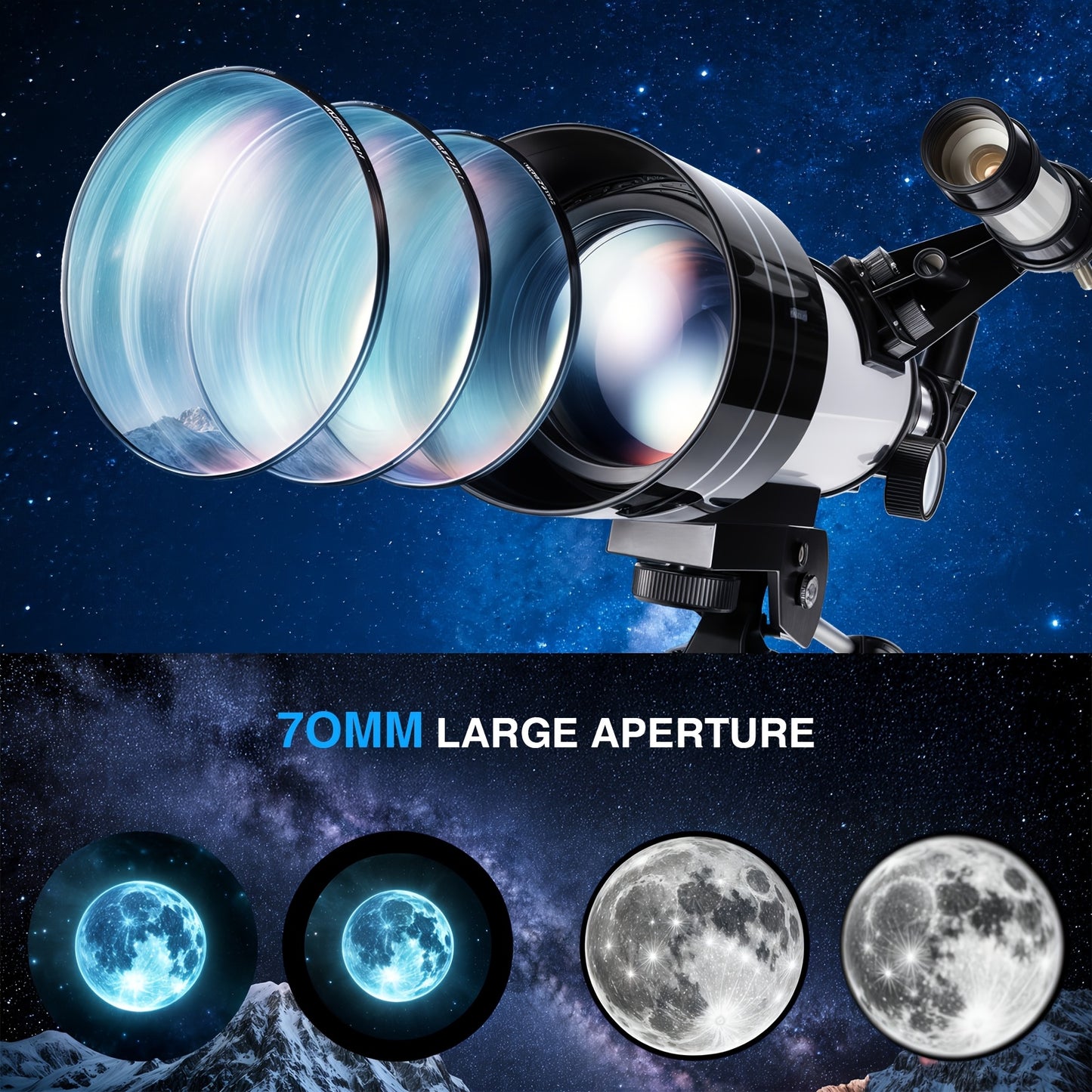 150X70 Astronomical Telescope, Aperture Telescope For Adults High Power, Portable Monocular Telescope With Tripod Phone Holder,Blue