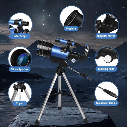 UBSSO Refractor Star Telescope for Adults: 70mm Aperture 300mm Focal Length 15X-150X，Ideal for Stargazing, Planetary Observation, Moon Exploration
