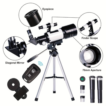 Astronomical Telescope, Objective Lens Focal Length 300, Aperture 70, Maximum Magnification 150 Times, Equipped with a Finder Scope,a Tripod,Black
