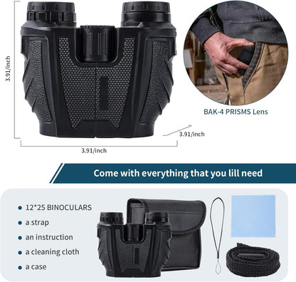 UBSSO 12x25 Binoculars High-Definition High-Power Low-Light Adult Outdoor Non-Infrared for Bird Watching Concerts, Hunting and Sport Games