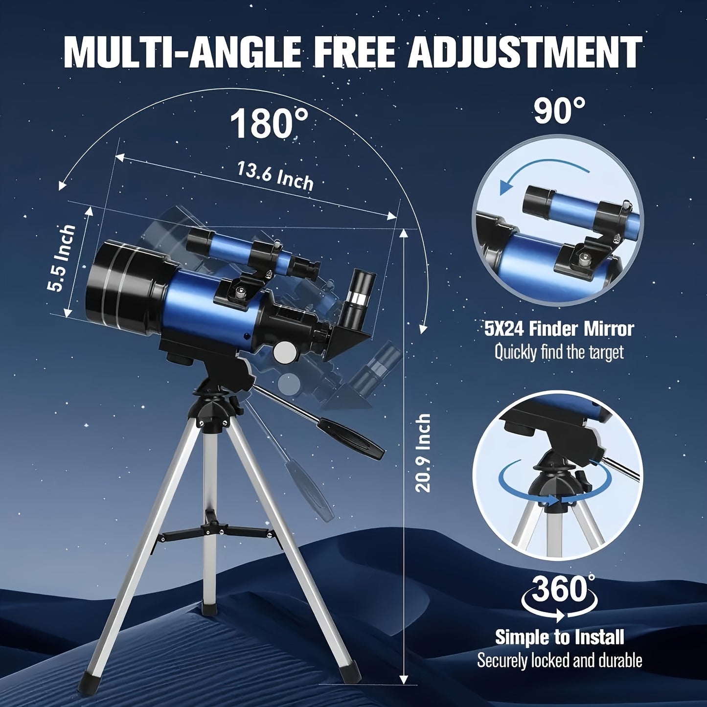 UBSSO Refractor Star Telescope for Adults: 70mm Aperture 300mm Focal Length 15X-150X，Ideal for Stargazing, Planetary Observation, Moon Exploration