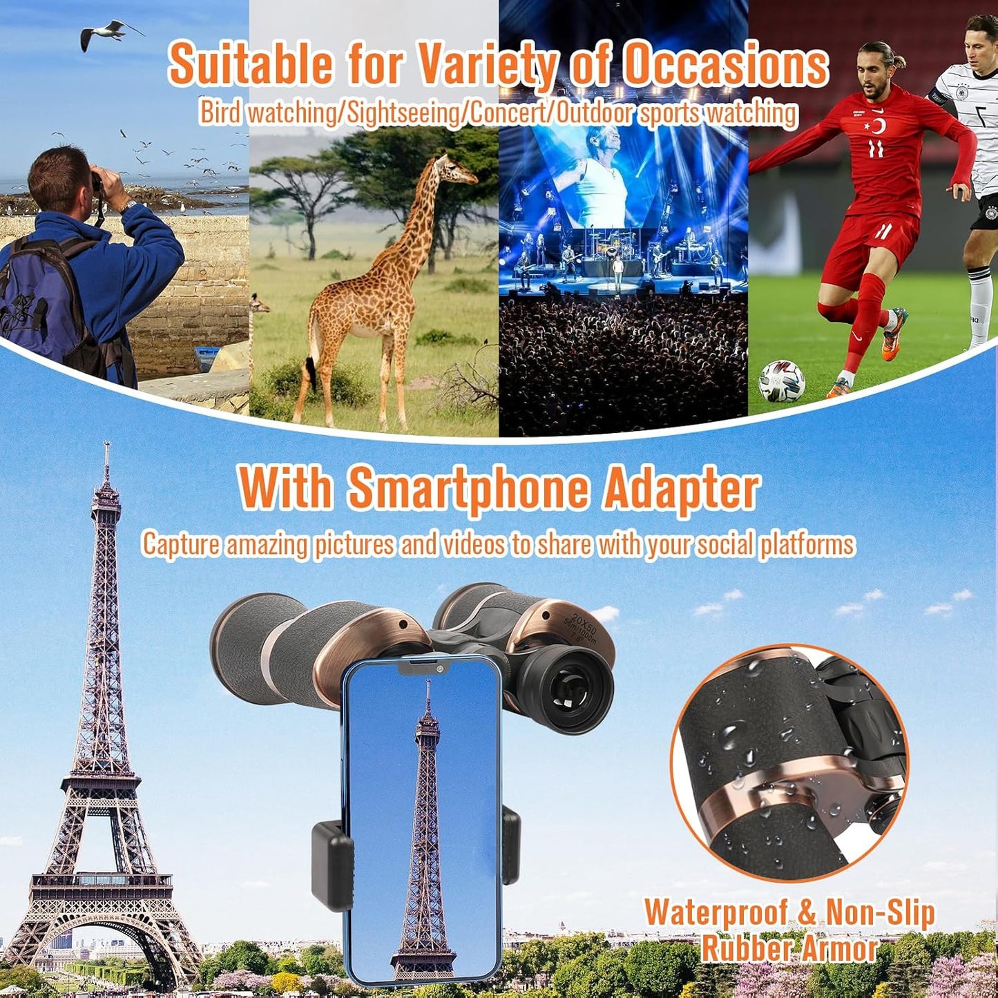 20x50 Binoculars for Adults,  Bird Watching Travel Stargazing Concerts Outdoor Sports-BAK4 Prism FMC Lens,Waterproof, Fogproof with Phone Adapter