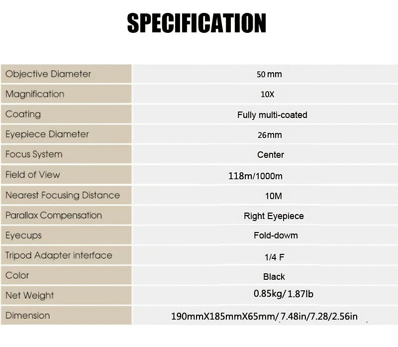 UBSSO 10X50 High Definition Binoculars,Center Focus, Rubber Material,with 50mm Objective Lens, for Travel,Concerts, and Adventure Scenery, Black