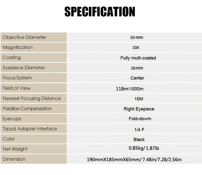 UBSSO 10X50 High Definition Binoculars,Center Focus, Rubber Material,with 50mm Objective Lens, for Travel,Concerts, and Adventure Scenery, Black