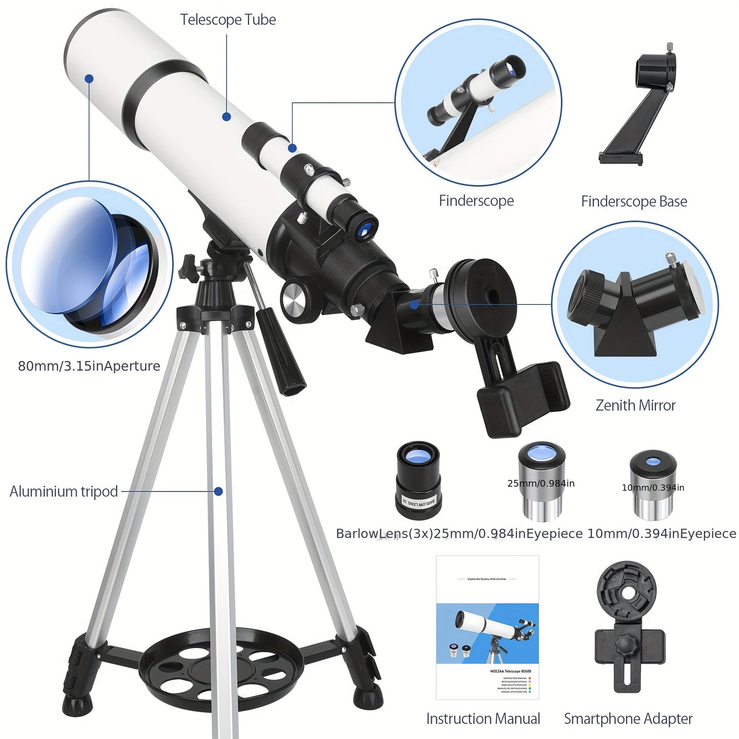 UBSSO Astronomical Telescope for Adults - 80mm Aperture 600mm Focal Length Refractor with Fully Multi-Coated Optics, 180x Max Magnification