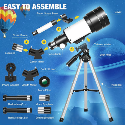 Astronomical Telescope, Objective Lens Focal Length 300, Aperture 70, Maximum Magnification 150 Times, Equipped with a Finder Scope,a Tripod,Black