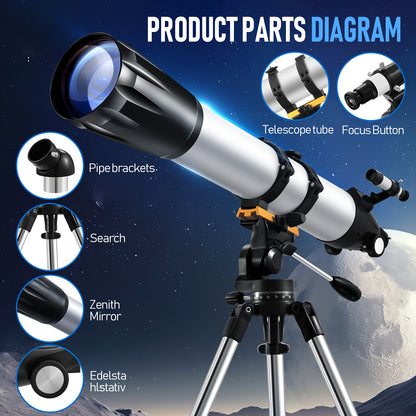 UBSSO Refractor Telescope Kit for Adults Beginners - 90mm Aperture, Manual Focus, Up to 675x Magnification Ideal for Stargazing, Moon Watching