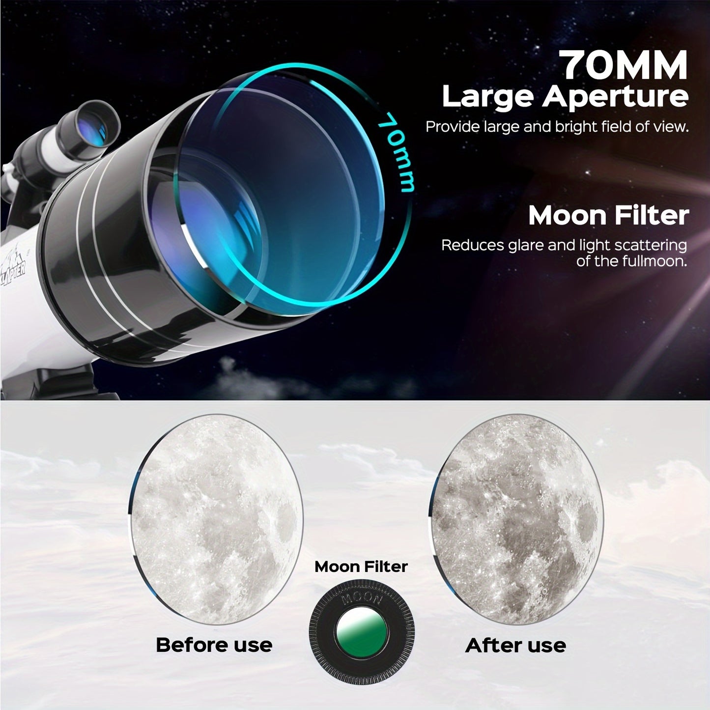 150X70 Astronomical Telescope, Aperture Telescope For Adults High Power,Portable Monocular Telescope With Tripod Phone Holder,White