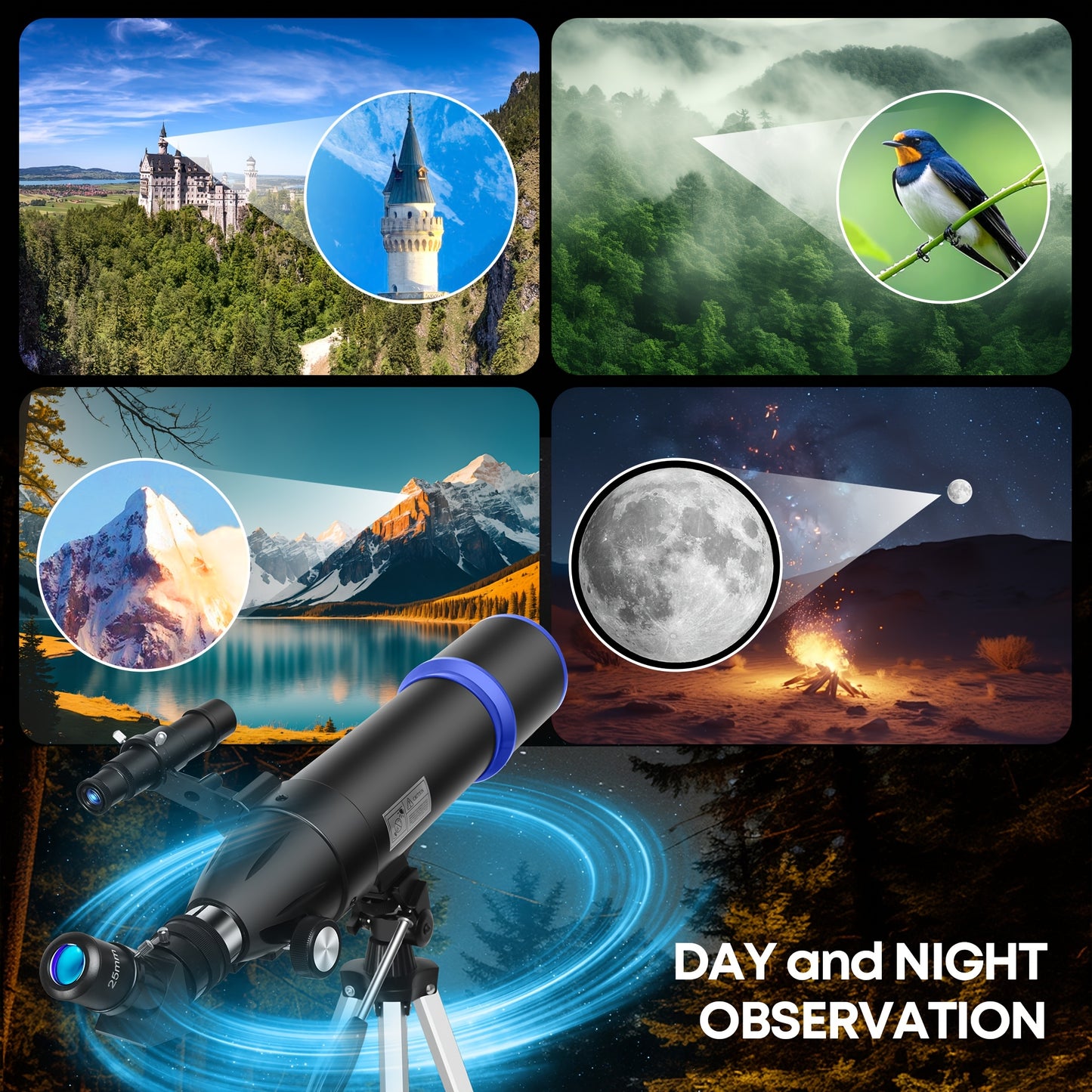 UBSSO Professional 80mm Diameter 600mm Telescope for Adults,Astronomical Observation with Tripod, Phone Bag,Best Christmas & Birthday Gift,Black