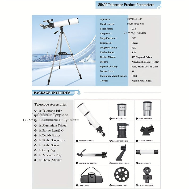 UBSSO Astronomical Telescope for Adults - 80mm Aperture 600mm Focal Length Refractor with Fully Multi-Coated Optics, 180x Max Magnification