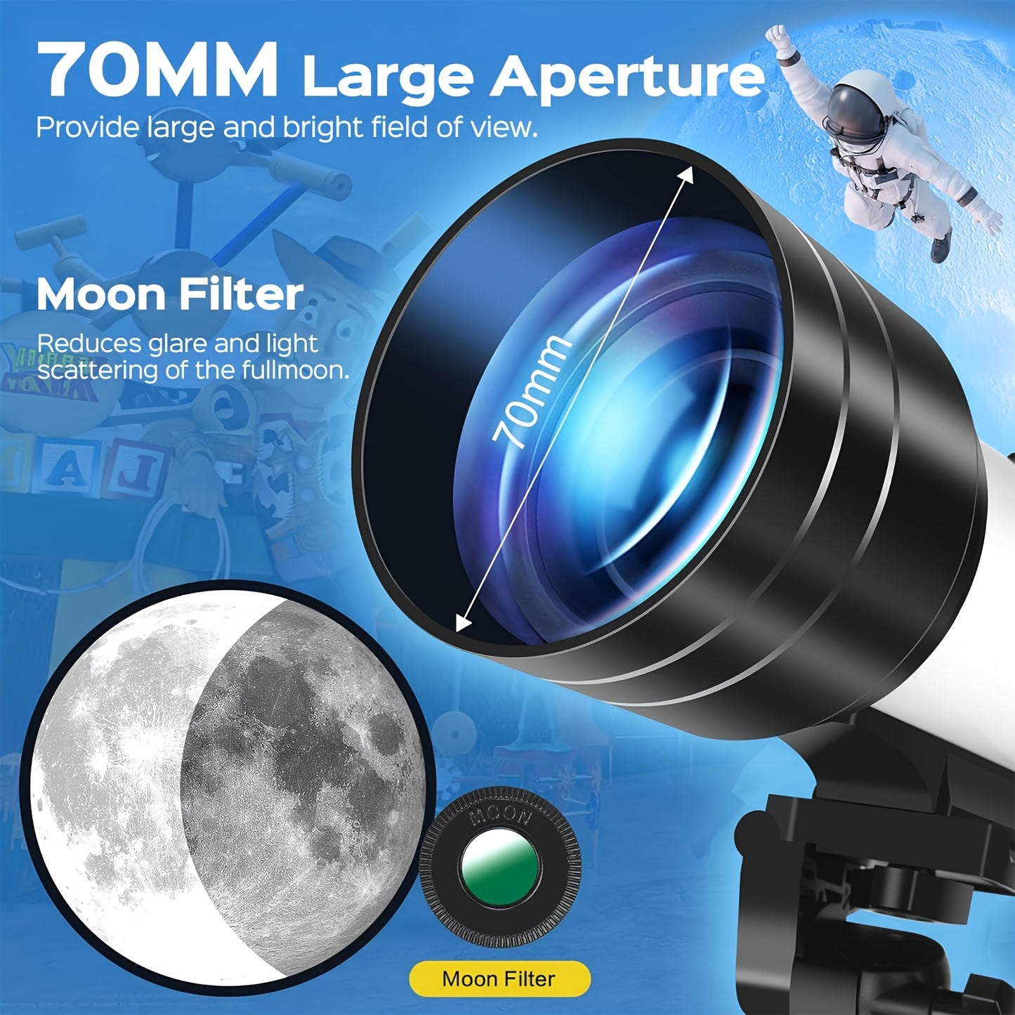 Astronomical Telescope, Objective Lens Focal Length 300, Aperture 70, Maximum Magnification 150 Times, Equipped with a Finder Scope,a Tripod,Blue